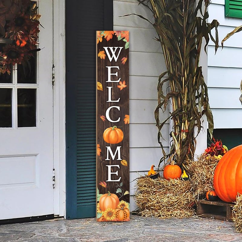 Seimip Fall Welcome Sign For Front Porch Fall Porch Sign Maple Leaf Pumpkin Sunflower Thanksgiving Decor Indoor Outdoor Autumn Wooden Vertical Sign For Patio Front Door Porch Wall Yard - Image 1